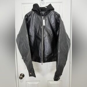 NEW- BoohooMan Boxy Jersey Hooded Pu Bomber Jacket In Black black-XL